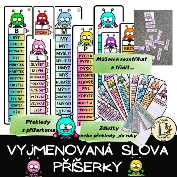 VYJMENOVANÁ SLOVA - PŘÍŠERKY - PŘEHLEDY, záložky, kartičky