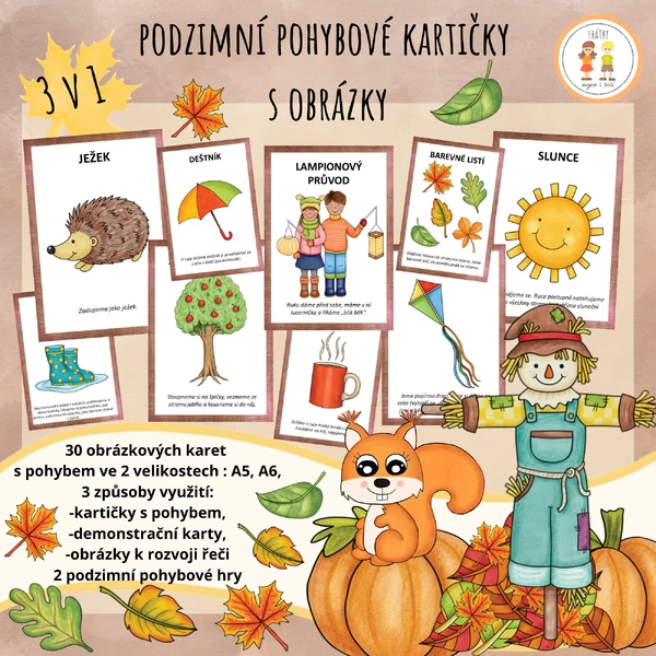 Podzimní pohybové kartičky s obrázky - 3 v 1