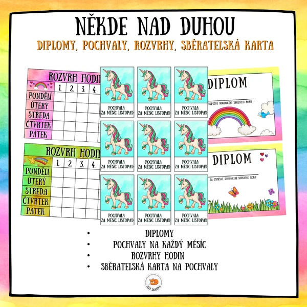 Někde nad duhou - diplomy, pochvaly, rozvrhy, sběratelská karta