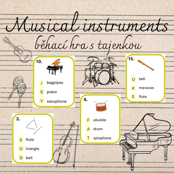 Musical instruments - běhací hra s tajenkou
