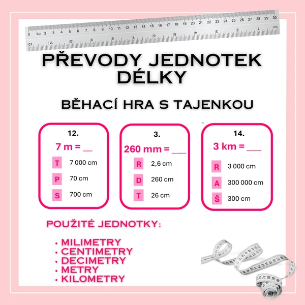 Převody jednotek délky - běhací hra s tajenkou