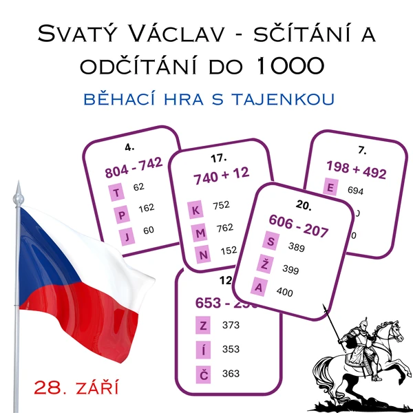 Svatý Václav - sčítání a odčítání do 1000 - běhací hra s tajenkou
