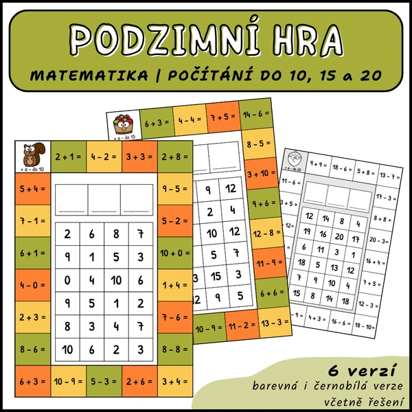 Matematická hra PODZIMNÍ - počítání do 10, 15 a 20