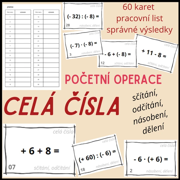 CELÁ ČÍSLA - karty se zadáním (60 karet a správné výsledky)