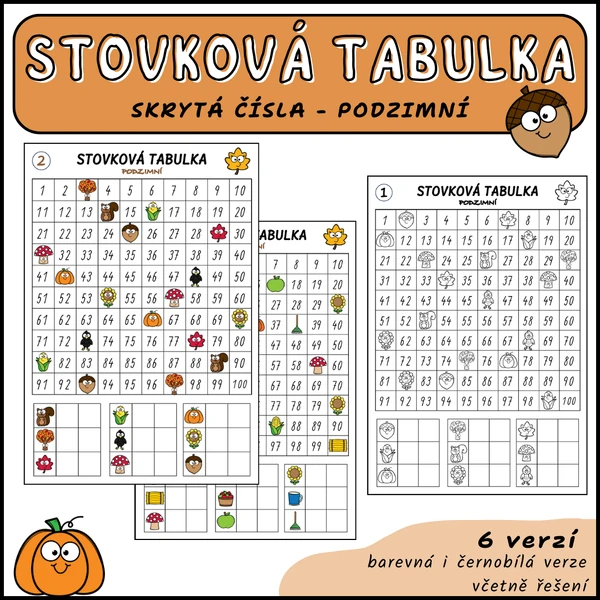 Stovková tabulka - skrytá čísla PODZIMNÍ (pracovní listy)