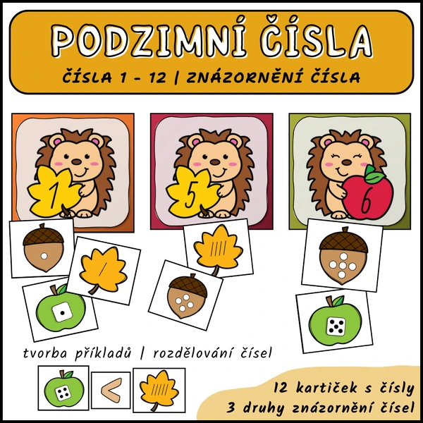 Podzimní čísla 1-12 - přiřazování, tvorba příkladů, znázornění čísel
