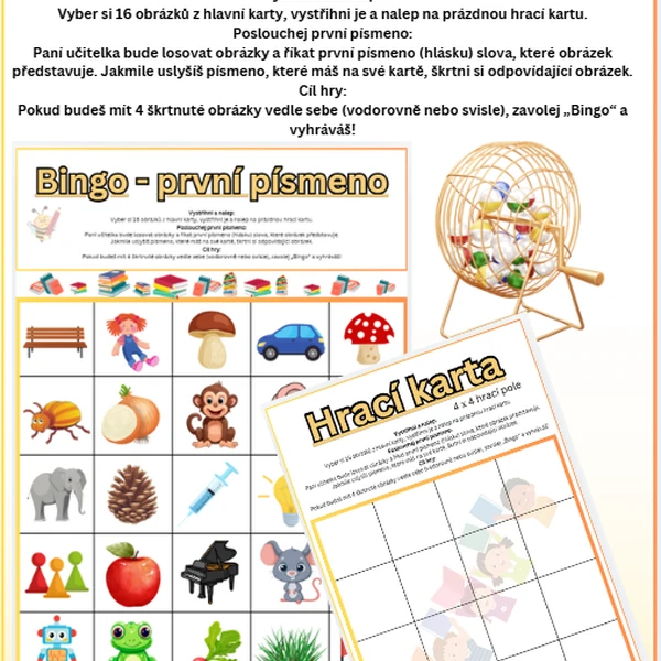 BINGO - První hláska ve slově, určujeme pomocí obrázků.