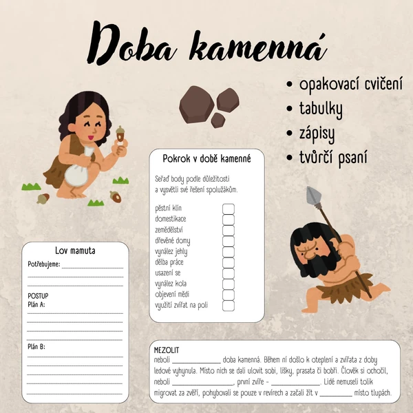 Doba kamenná - opakovací cvičení, zápisy