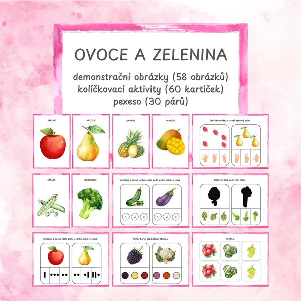Ovoce a zelenina - demonstrační obrázky, kolíčkovací aktivity, pexeso