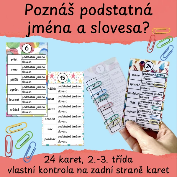 Podstatná jména a slovesa - karty s vlastní kontrolou