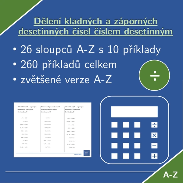 Dělení kladných a záporných desetinných čísel číslem desetinným | matematika | 26 sloupců