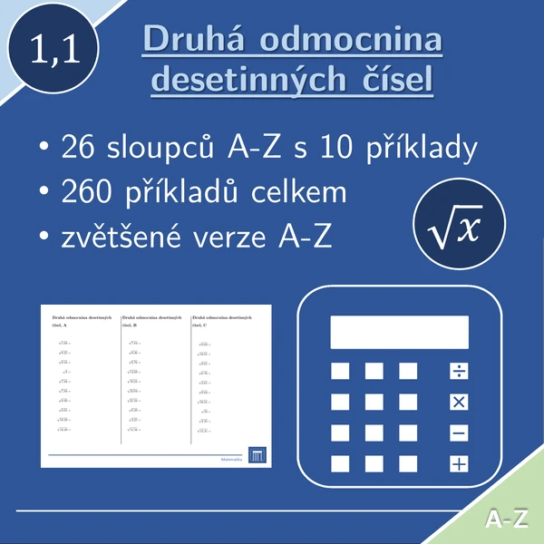 Druhá odmocnina desetinných čísel | matematika | 26 sloupců