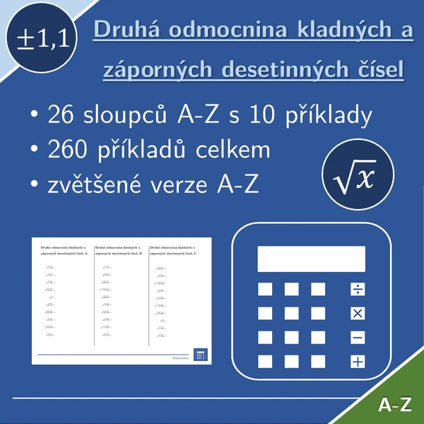 Druhá odmocnina kladných a záporných desetinných čísel | matematika | 26 sloupců