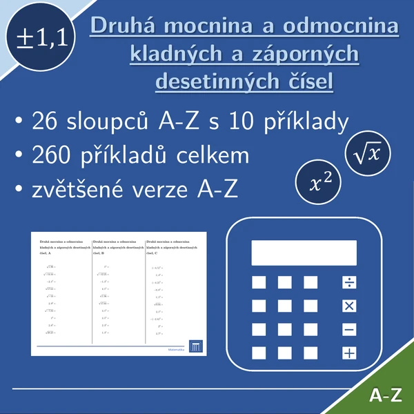 Druhá mocnina a odmocnina kladných a záporných desetinných čísel | matematika | 26 sloupců