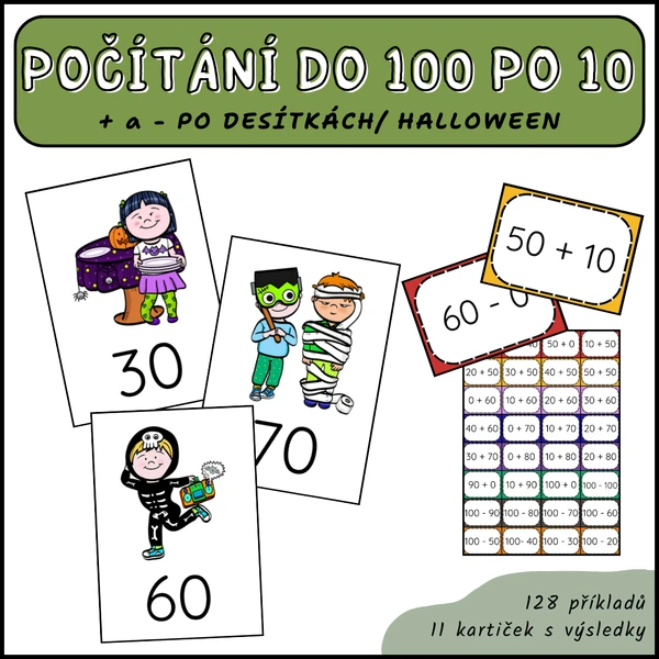 Halloweenské sčítání a odčítání po desítkách do 100