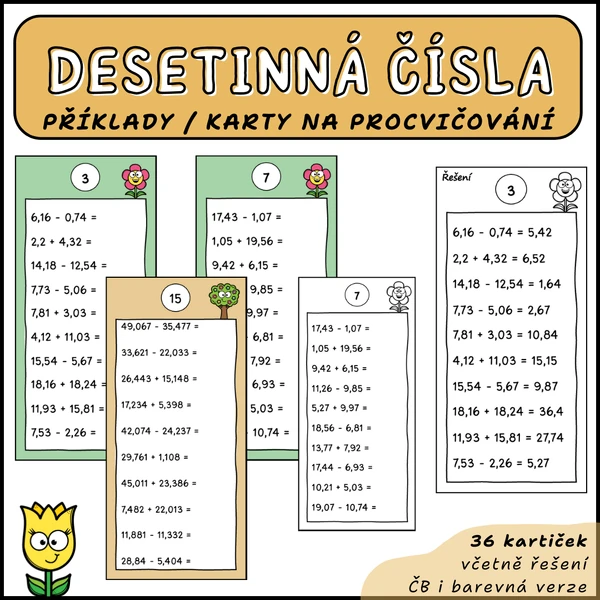 Desetinná čísla - karty s příklady na sčítání a odčítání