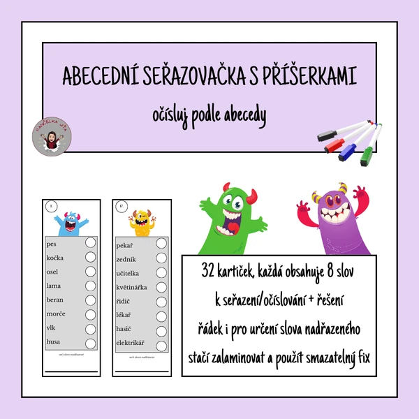 Abecední seřazovačka s příšerkami - očísluj podle abecedy, jednodušší verze