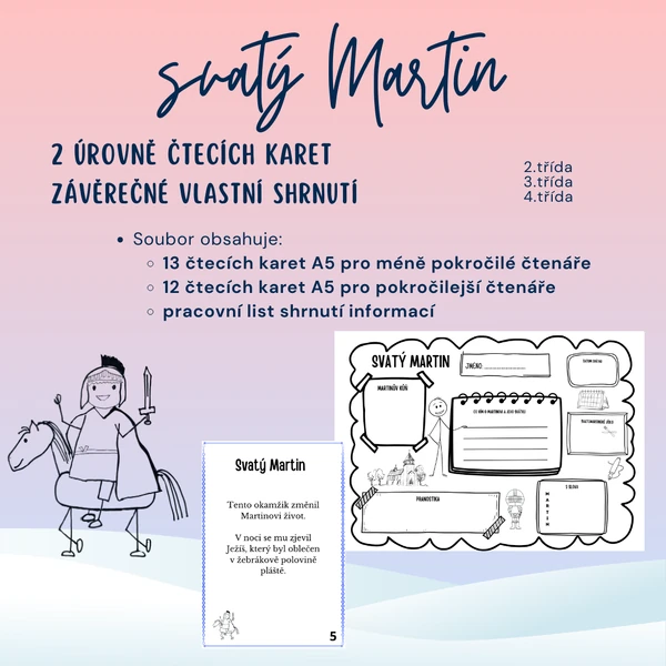 Svatý Martin: čtecí karty různé úrovně + pracovní list shrnutí