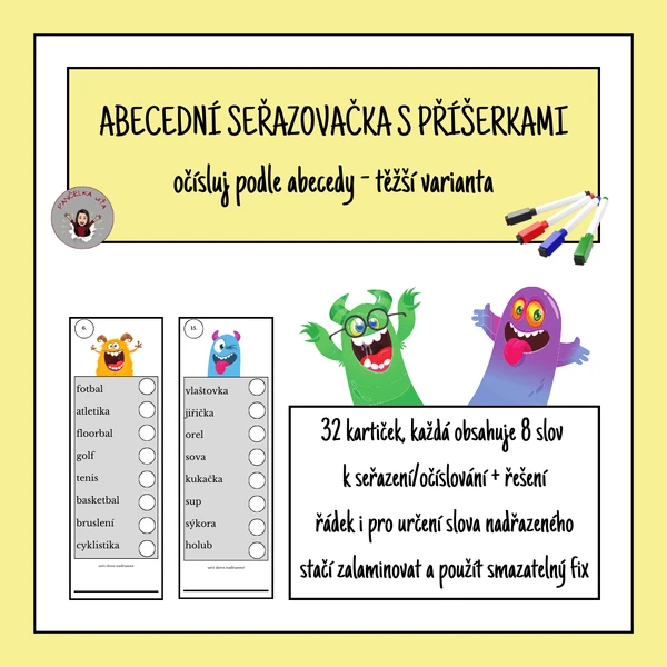Abecední seřazovačka s příšerkami - očísluj podle abecedy, těžší varianta