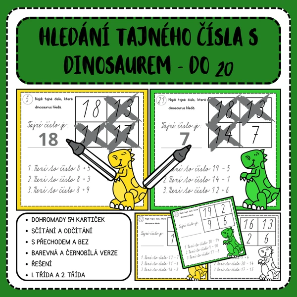 Hledání tajného čísla s dinosaurem - sčítání a odčítání do 20