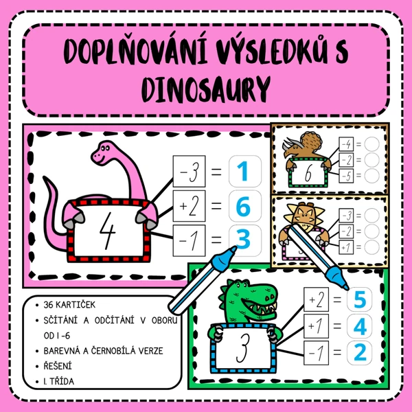 Doplňování výsledků s dinosaury v oboru 1 - 6