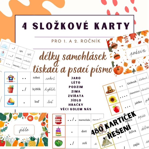 4 složkové karty - obrázek - délky samohlásek - psací písmo - tiskací písmo