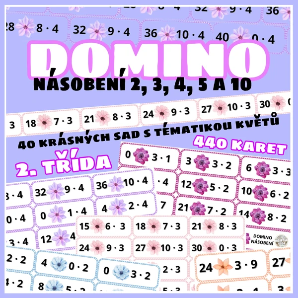 Matematické DOMINO - násobení 2, 3, 4, 5, 10 s květinami