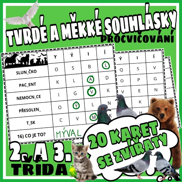 Procvičování tvrdé a měkké souhlásky s tajenkou - ZVÍŘATA