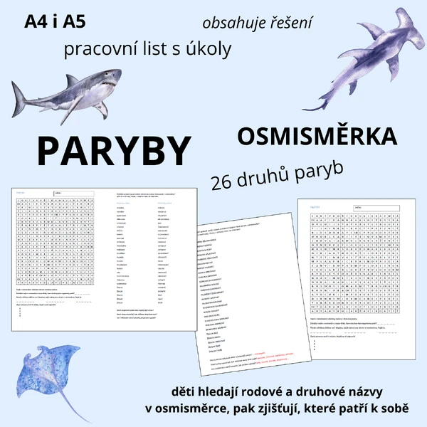 OSMISMĚRKY - paryby (pracovní list, osmisměrka, úkoly a řešení)
