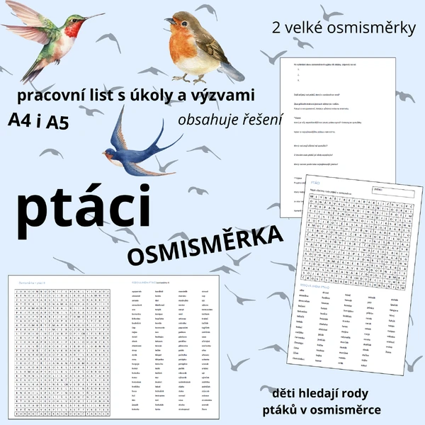OSMISMĚRKY - ptáci (pracovní list, osmisměrka, úkoly a řešení)