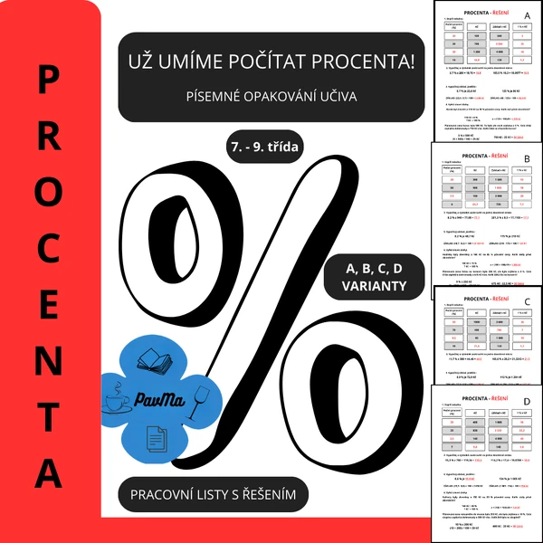 PROCENTA Písemné opakování 7. - 9. třída Verze ABCD i s řešením