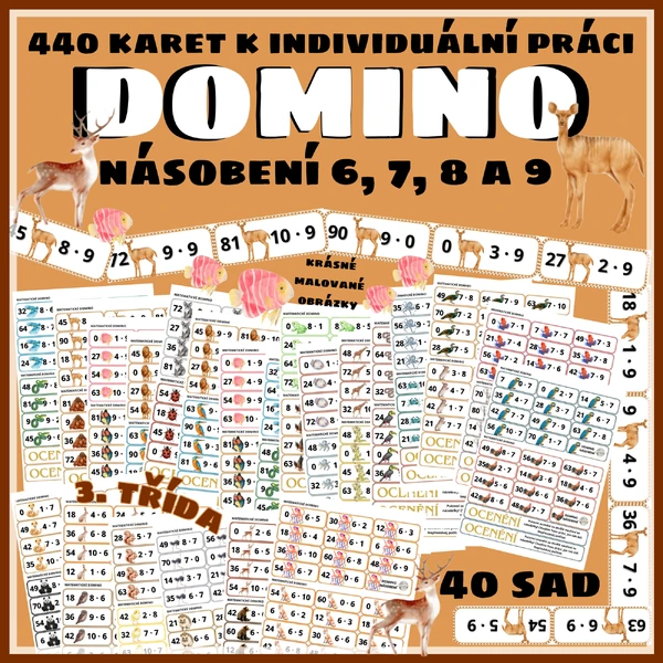Matematické DOMINO - násobení 6, 7, 8 a 9 se zvířaty