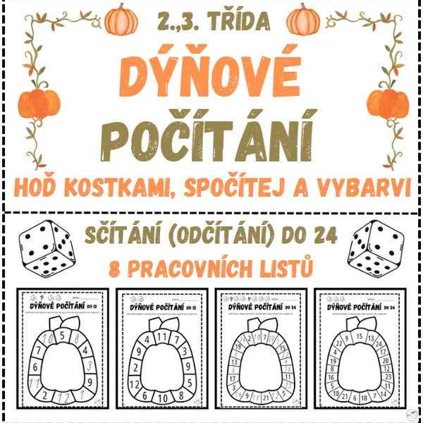 Dýňové počítání do 24 - hoď kostkou a vybarvi