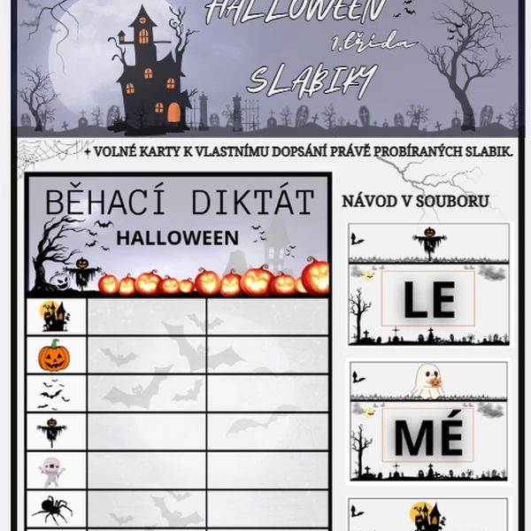 Halloween! BĚHACÍ DIKTÁT pro 1. třídu! Slabiky.