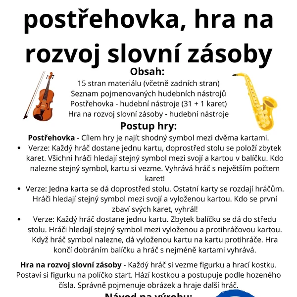 Hudební nástroje - postřehovka, hra na rozvoj slovní zásoby