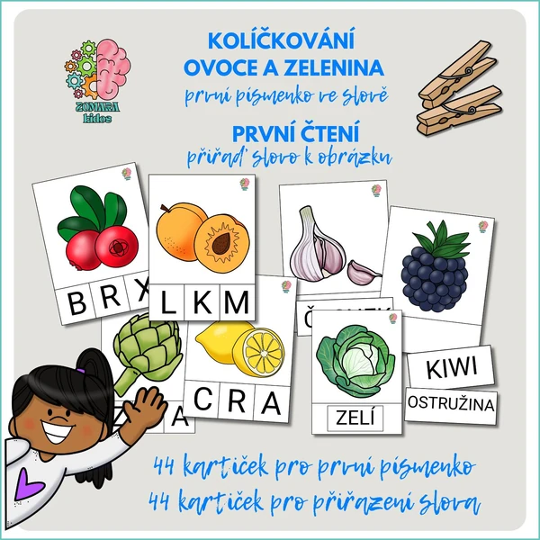 Kolíčkování - první písmeno ve slově a přiřazování názvů - ovoce a zelenina