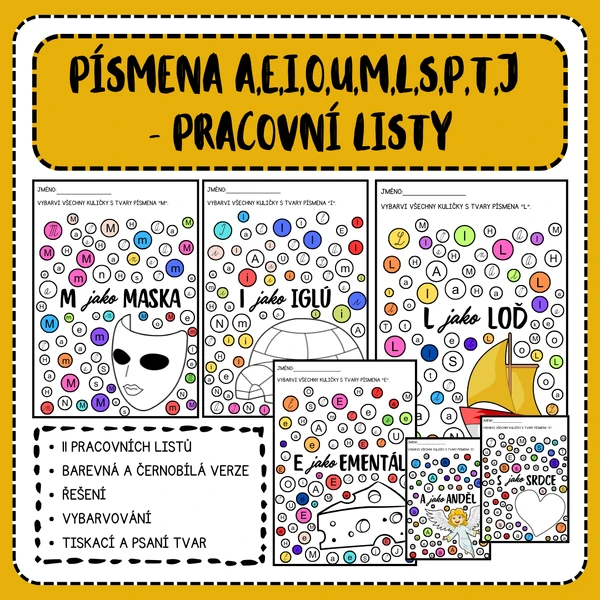 Písmena A,E,I,O,U,M,L,S,P,T,J - pracovní listy