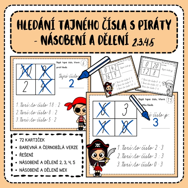 Hledání tajného čísla s piráty - násobení a dělení 2,3,4,5