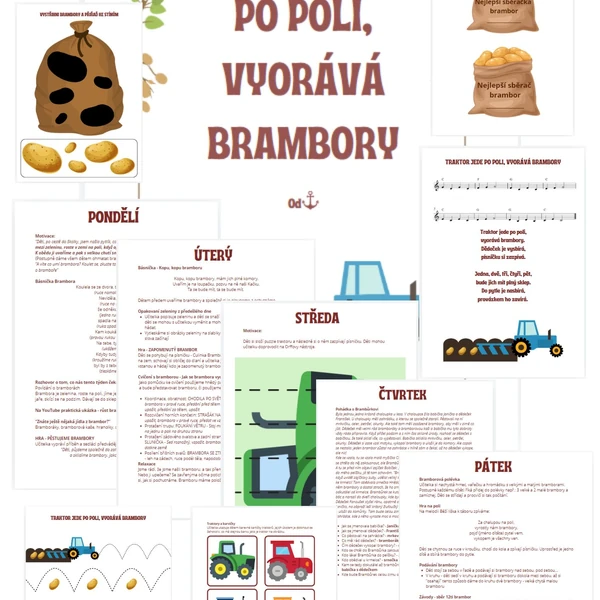 Traktor jede po poli, vyorává brambory