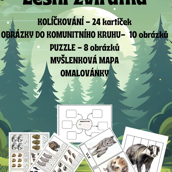 Lesní zvířátka - Didaktický materiál, kolíčkování 
