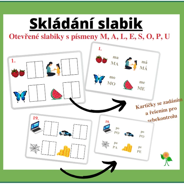 Skládání slabik s písmeny m, a, l, e, s, o, p, u