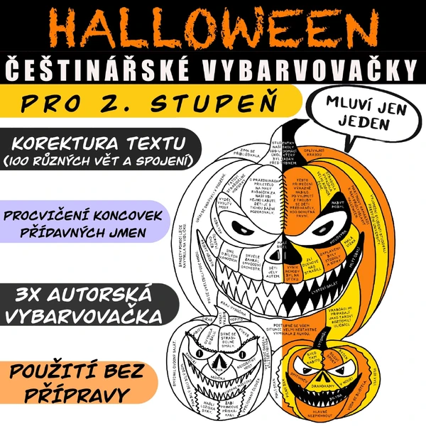 HALLOWEENSKÁ ČEŠTINA PRO 2. STUPEŇ - VYBARVOVAČKY - KOREKTURA - PŘÍDAVNÁ JMÉNA