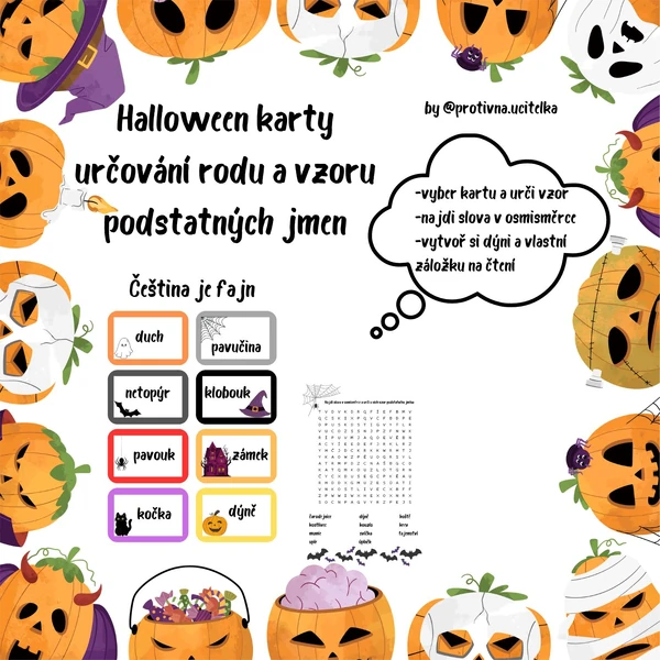 Halloweenská slovní zásoba- určování vzoru, tvorba záložky, osmisměrka a omalovánka