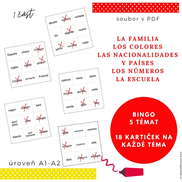 Bingo ve španělštině (5 témat, 1. část)