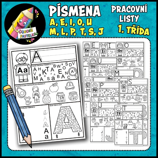PÍSMENO A, E, I, O, U, M, L, P, T, S, J - pracovní listy