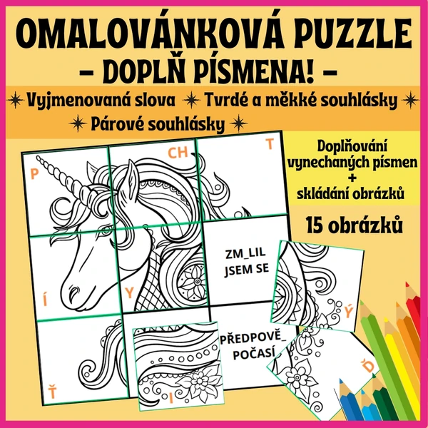 OMALOVÁNKOVÁ PUZZLE - DOPLŇ PÍSMENA! (pravopis)