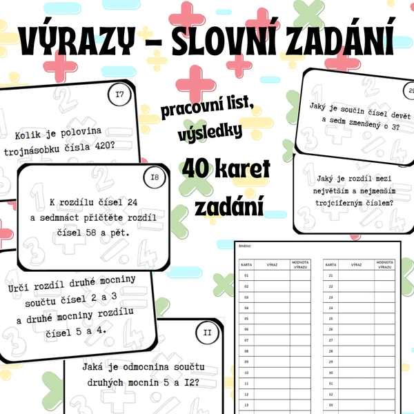 VÝRAZY - slovní zadání (40 karet, pracovní list, řešení)
