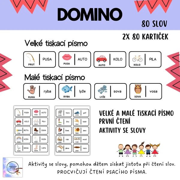Domino 2 - první slova, aktivity se slovy - tiskací písmo velké a malé
