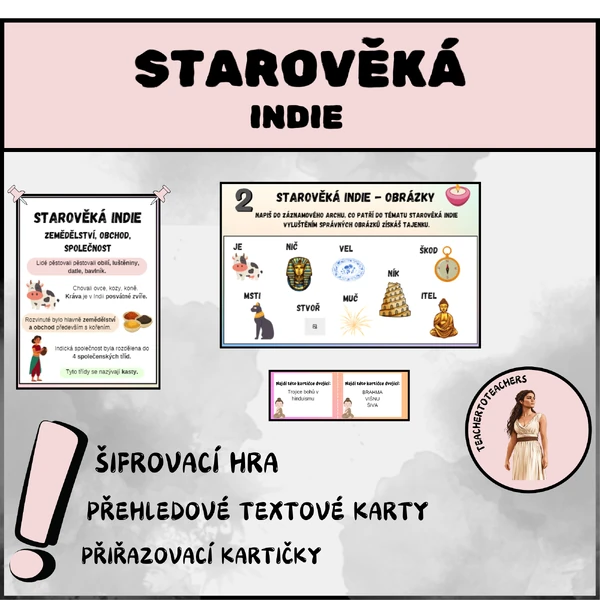 STAROVĚKÁ INDIE - šifrovačka, přiřazovačky, přehledové textové karty