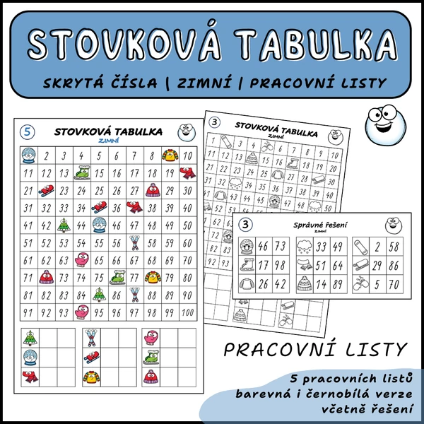 Stovková tabulka - skrytá čísla ZIMNÍ (pracovní listy)